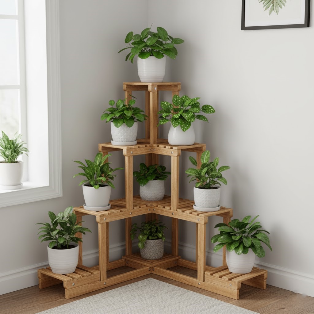 The image of Multi-Tiered Wooden Corner Plant Stand